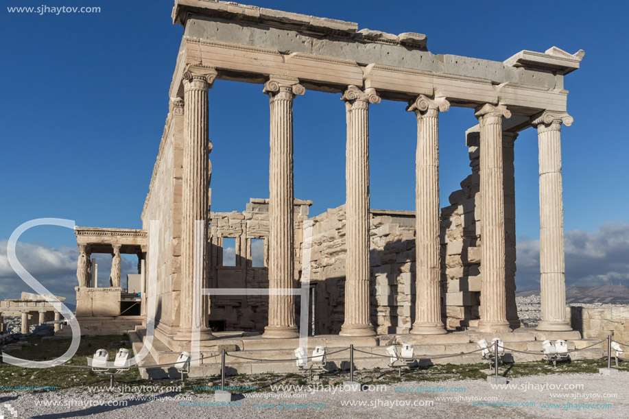 Ancient Greek temple The Erechtheion on the north side of the Acropolis of Athens, Attica, Greece